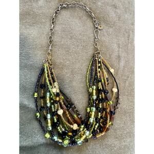 VTG to Modern CHICOS brown, greens, black beaded chunky Necklace silver chain